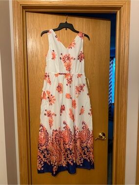 Talbots White Maxi Dress with Coral and Navy Paisley